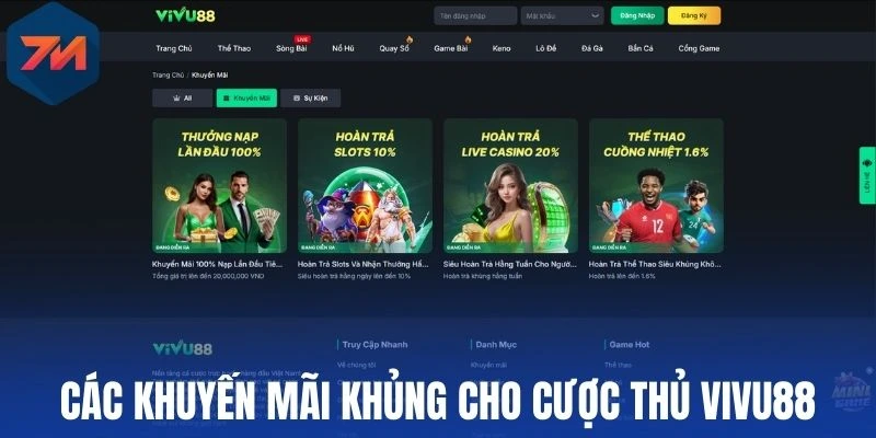 Các khuyến mãi khủng cho cược thủ Vivu88